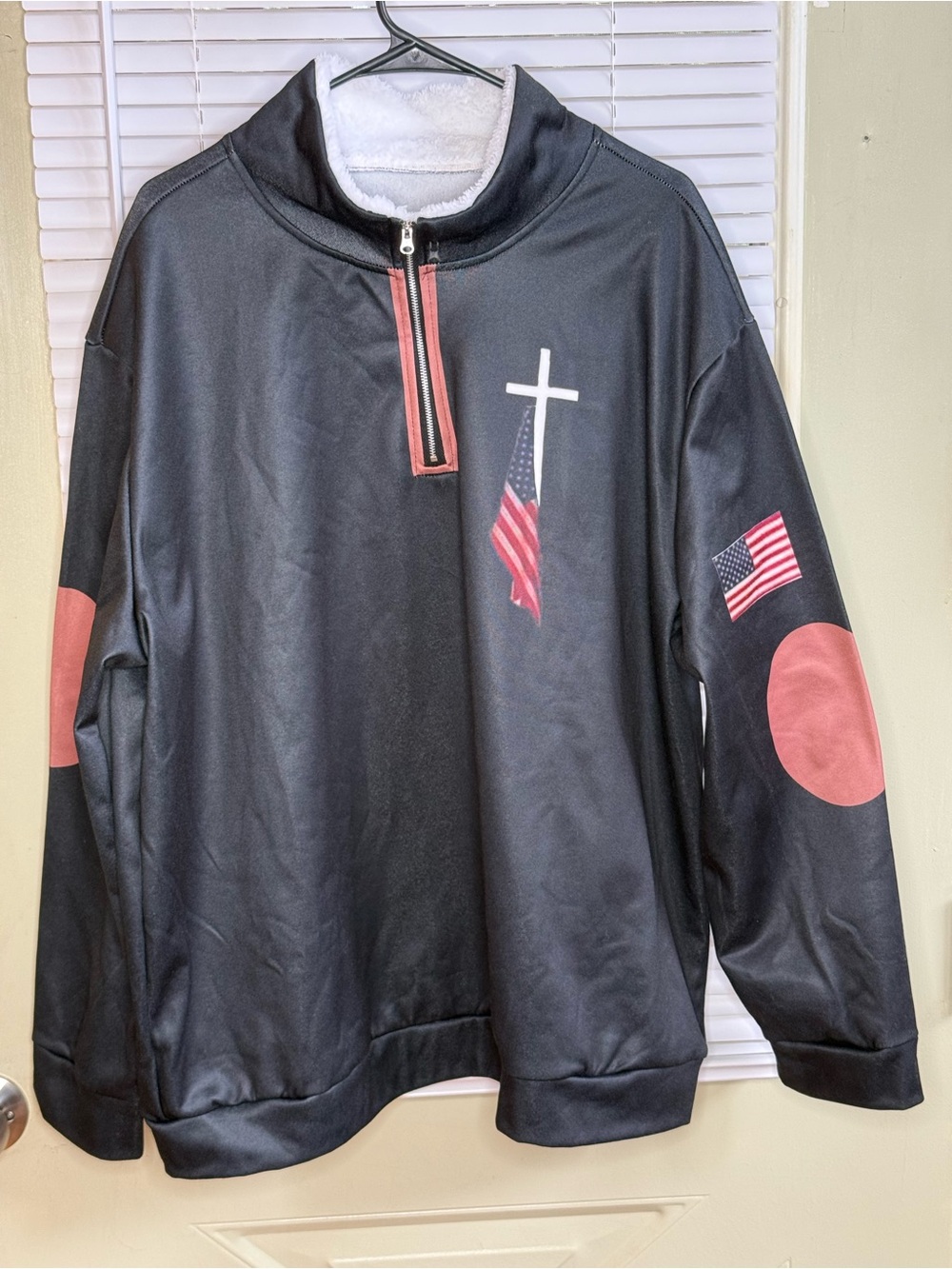Christian Faith American Flag Black 1/4 Zip Pullover Sherpa Fleece Men's size XL